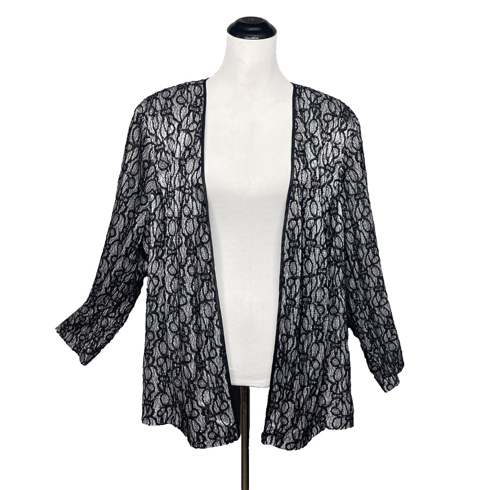 Nipon Boutique 24W Black Shimmer Lace Open-Front Cardigan Evening Lightweight